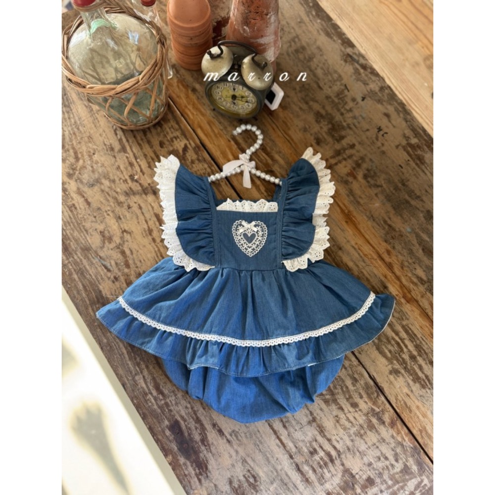 Marron 春季牛仔布拼接布蕾絲包屁衣-細節圖3