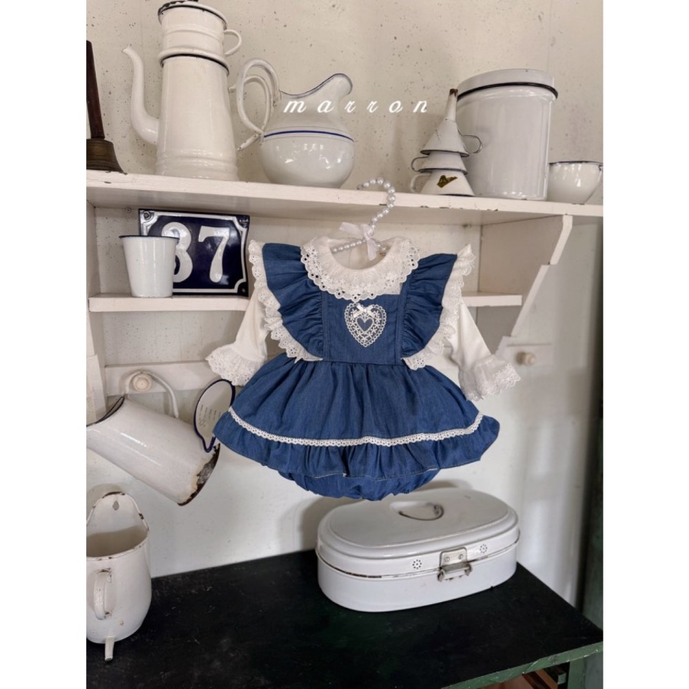 Marron 春季牛仔布拼接布蕾絲包屁衣-細節圖4