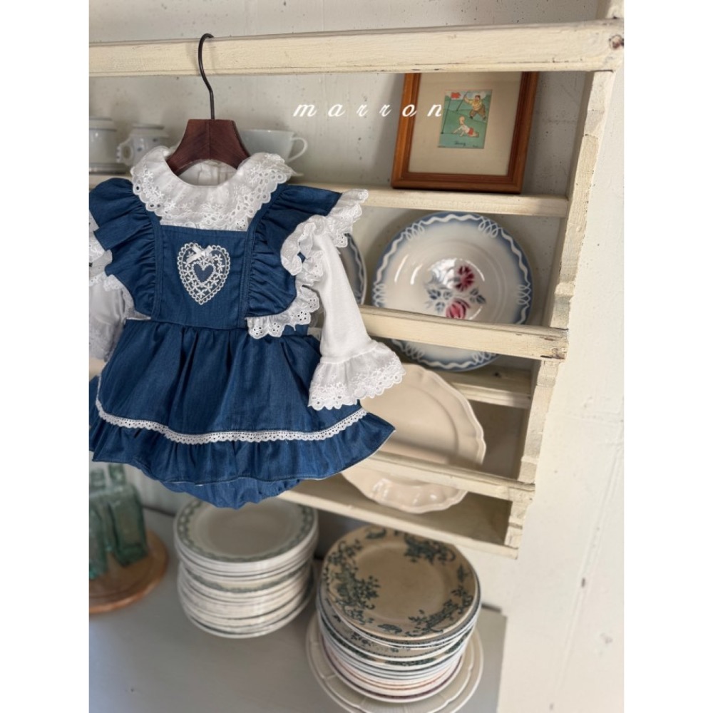 Marron 春季牛仔布拼接布蕾絲包屁衣-細節圖5