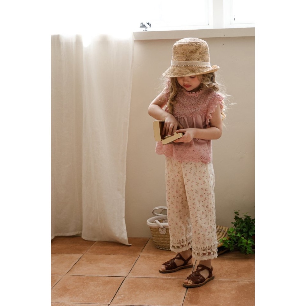 Flo 夏季碎花布蕾絲長褲-細節圖2