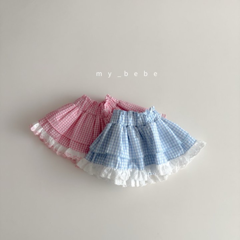 My Bebe 夏季布蕾絲拼接格子短裙-細節圖2