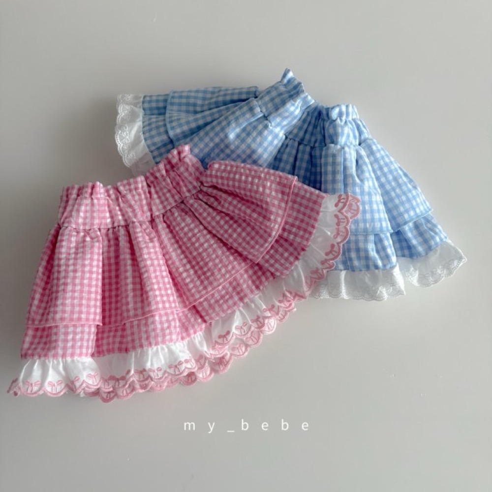My Bebe 夏季布蕾絲拼接格子短裙-細節圖3