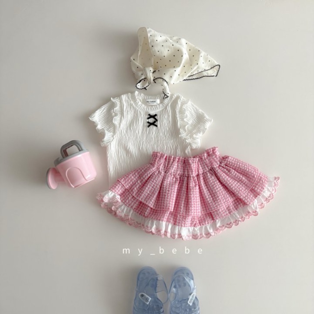 My Bebe 夏季布蕾絲拼接格子短裙-細節圖5