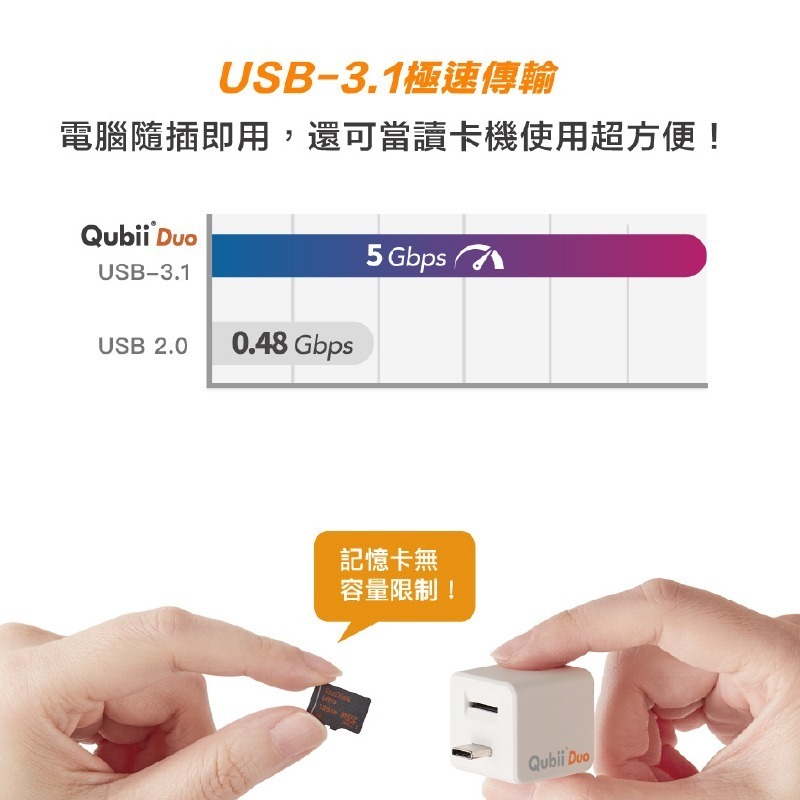 現貨 Qubii Duo 備份豆腐 USB 雙用版 適用 iPhone 安卓 充電備份 自動備份 iOS 備份頭充電器-細節圖2