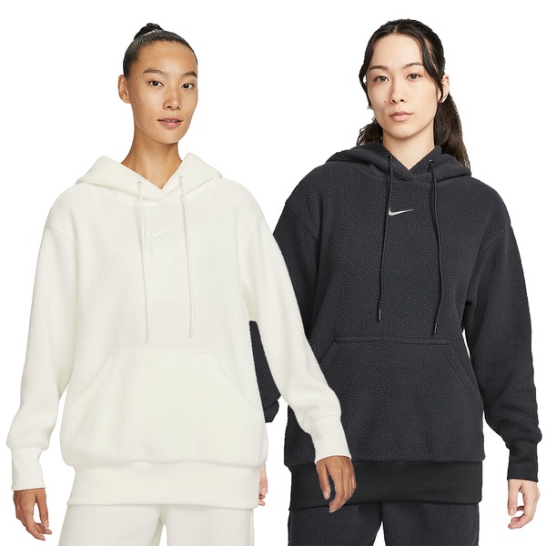 Nike 長袖上衣 女裝 連帽 搖粒絨 米白/黑【運動世界】DQ6841-133/DQ6841-010-細節圖2