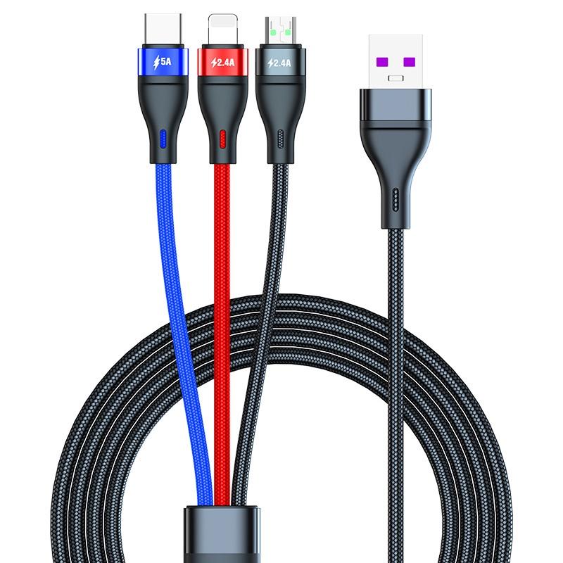 bk 三合一 充電線 5A極速快充 蘋果 安卓 Type-C 萬能 120cm  多功能 一拖三 USB 充電線-細節圖2