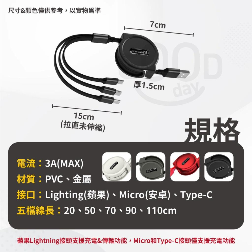 3A快充三合一伸縮充電線 安卓蘋果TypeC通用 充電線 一拖三充電線 傳輸線 快充線 卡斐樂 伸縮充電 蘋果充電線a-細節圖3