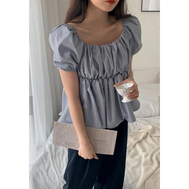 NaNa LuLu 韓國連線  韓國製 法式優雅感 可拉一字領減齡泡泡袖上衣  特價現貨迷霧藍D色 現貨馬上出-細節圖2