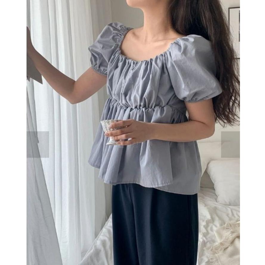 NaNa LuLu 韓國連線  韓國製 法式優雅感 可拉一字領減齡泡泡袖上衣  特價現貨迷霧藍D色 現貨馬上出-細節圖5