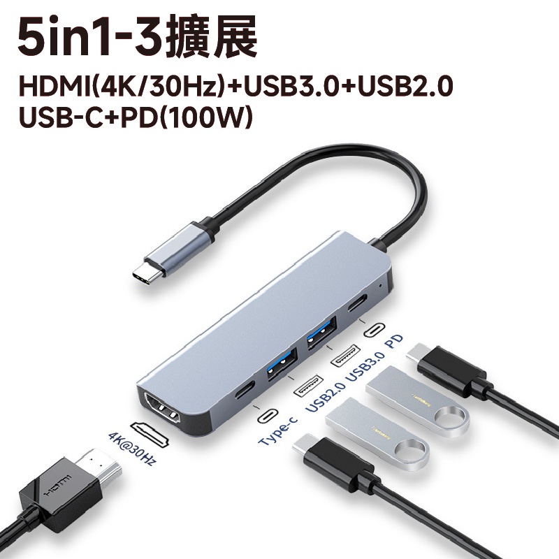 五合一集線器 Hub type c hub HDMI 擴展器 擴展塢 擴充槽 USB3.0 拓展塢-細節圖2