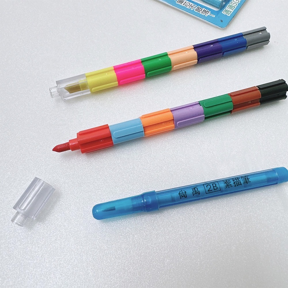 ｜買到吃手手｜尚禹 C-7222 2入積木彩虹筆 彩虹筆 14色 2入裝 送2B素描筆 Pencom-細節圖2