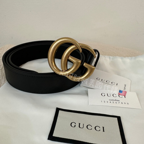 【GUCCI】 經典 仿舊 金色 雙G LOGO 滑面 牛皮 腰帶 皮帶