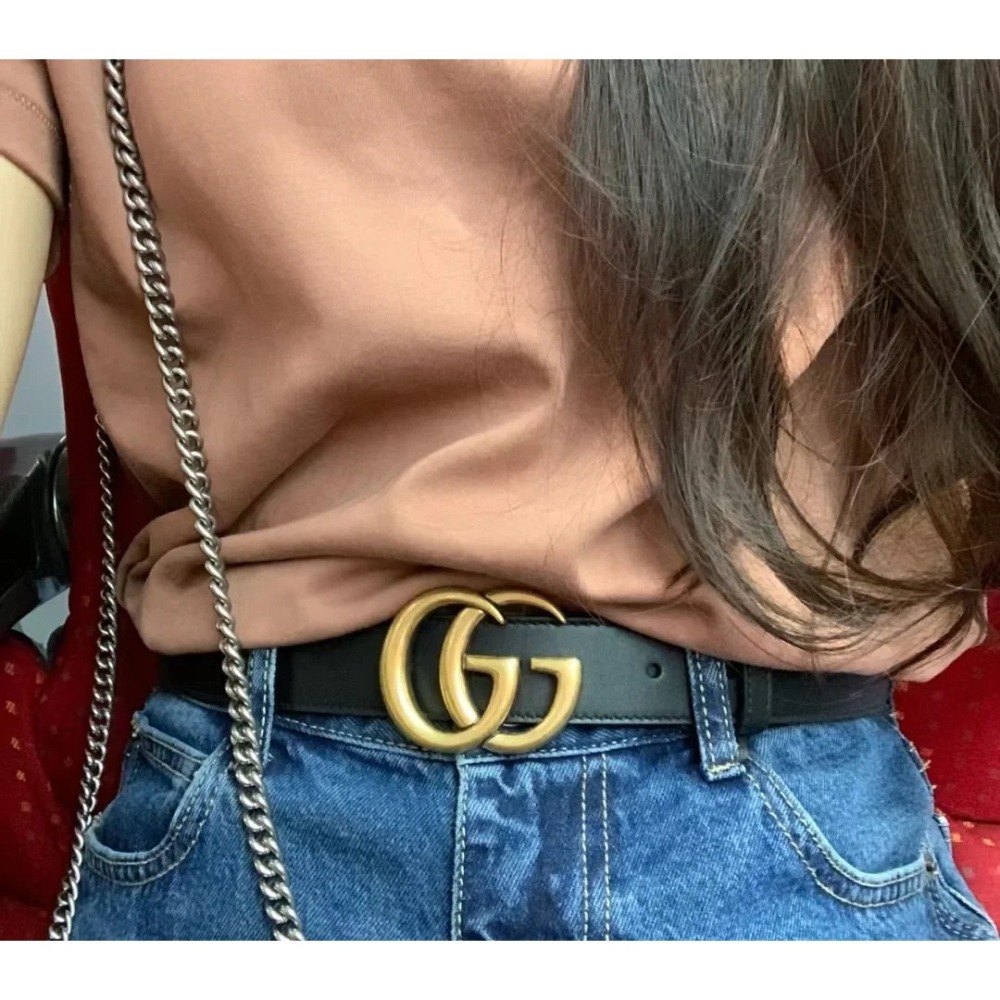 【GUCCI】 經典 仿舊 金色 雙G LOGO 滑面 牛皮 腰帶 皮帶-細節圖3