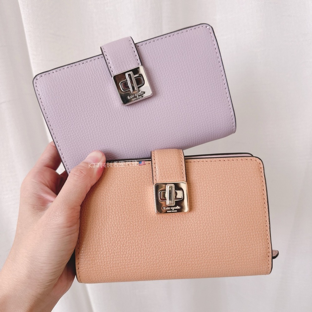 【Kate spade】KS Phoebe 粒面 皮革 雙折 撞色 旋鎖釦式 中夾 包包-細節圖2