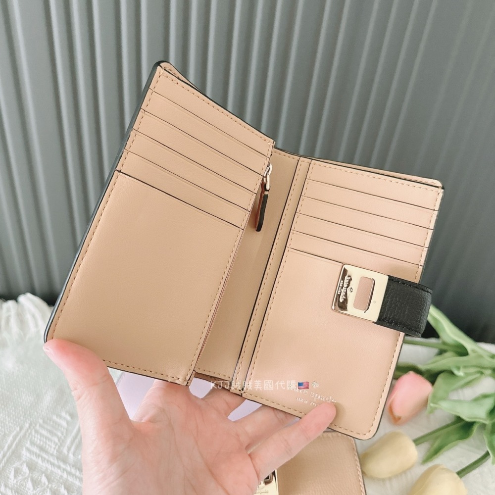 【Kate spade】KS Phoebe 粒面 皮革 雙折 撞色 旋鎖釦式 中夾 包包-細節圖5