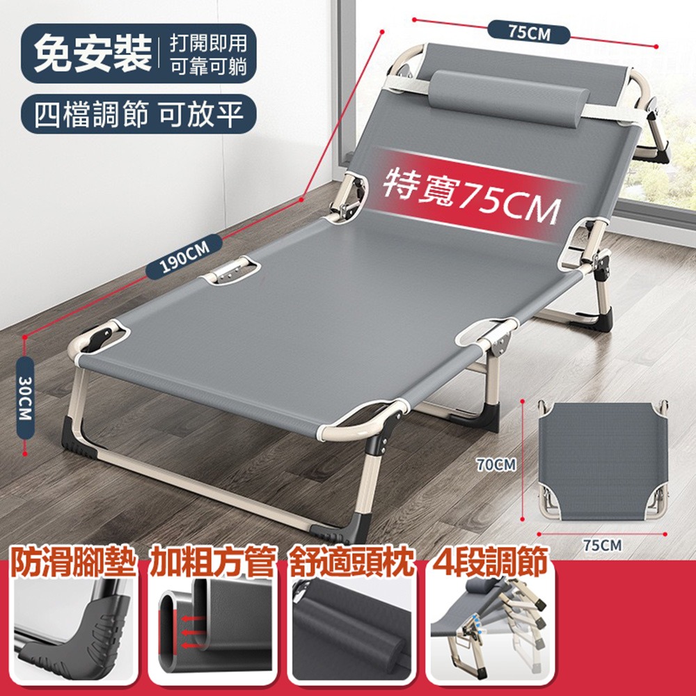 加寬75cm方管【三折床灰色】四檔調節