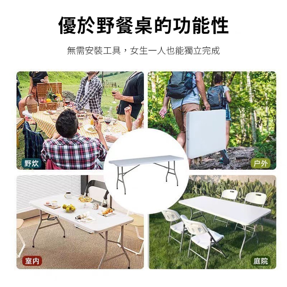 折疊桌 手提折疊露營桌 180x76 (摺疊桌 餐桌 露營桌 會議桌 書桌 辦公桌 戶外桌 擺攤桌)-細節圖3