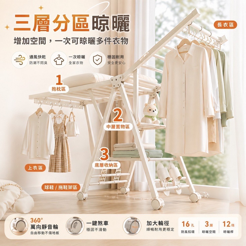 折疊曬衣架 翼型加大三層 附輪曬衣架 (晾衣架 曬衣架 衣架 曬衣桿 伸縮晾衣架 掛衣架)-細節圖2