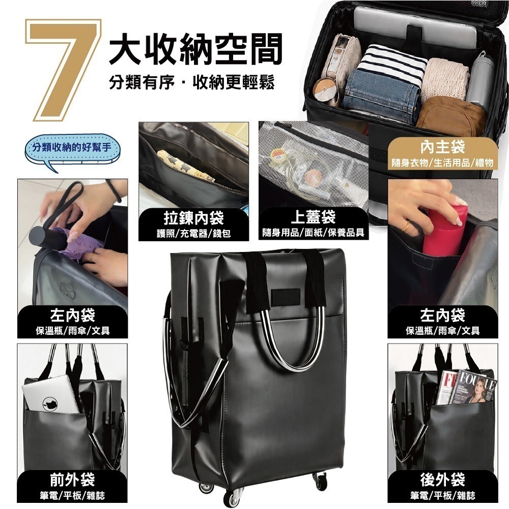 購物登機包 皮革款 防水收納旅行包 購物車 摺疊購物車 旅行袋 購物袋 登機包 行李袋 買菜車-細節圖3