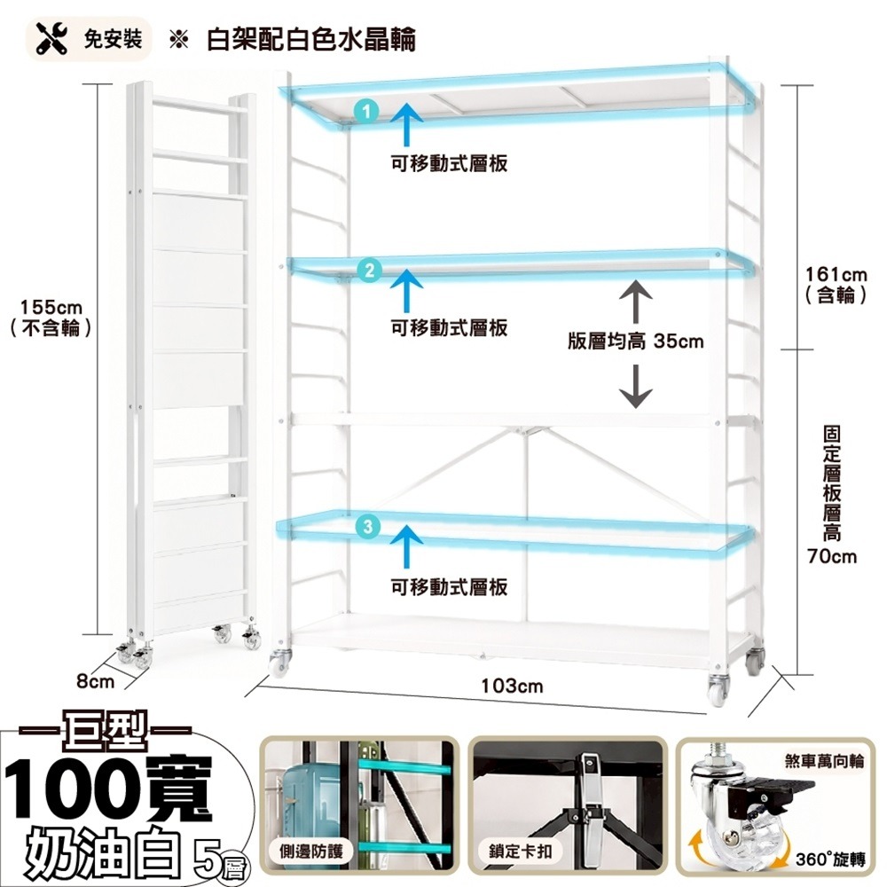 100寬五層收納架 免組裝折疊置物架 可調層板 全碳鋼 附輪 大容量 鐵架 書架 電器架 收納櫃-規格圖11
