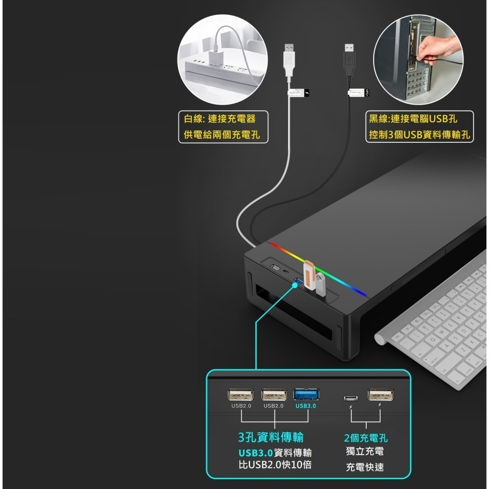 現貨螢幕架 支援快充USB3.0增高架 RGB燈 螢幕增高架電腦架 承重25公斤 BECOOLER MS-細節圖4
