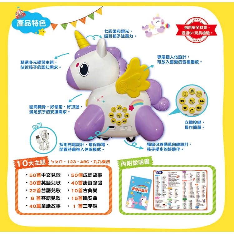 【樂在生活館】双美 跑跑獨角獸音樂故事機（內含108首兒歌+90篇故事+25首晚安曲+40首唐詩+1首三字經）-細節圖7