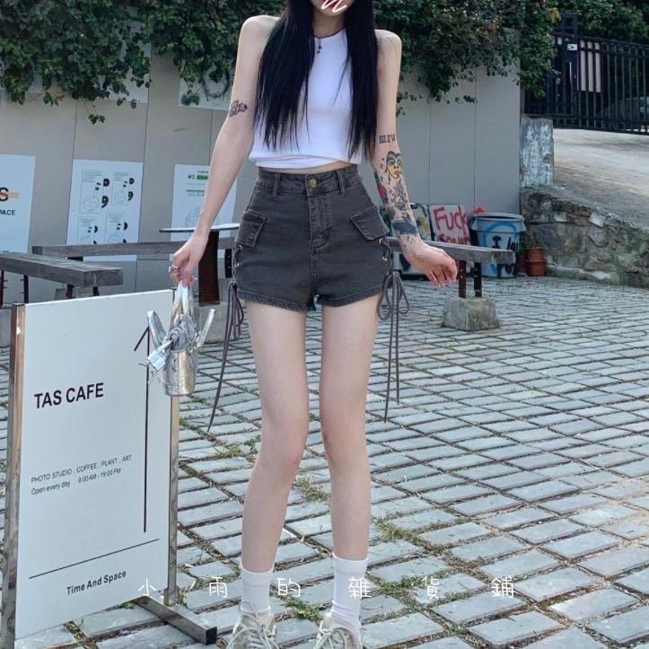 辣妹設計抽繩超短顯瘦A字牛仔-細節圖3