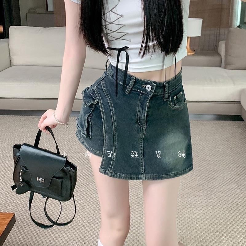 復古牛仔設計高腰a字包臀防走光裙褲-細節圖3