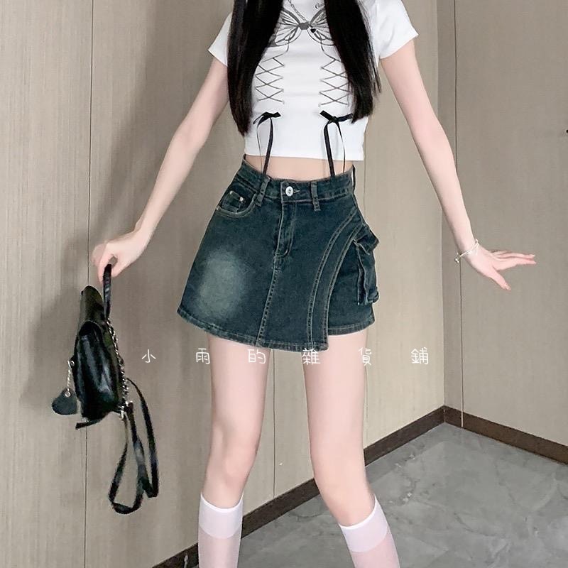 復古牛仔設計高腰a字包臀防走光裙褲-細節圖6