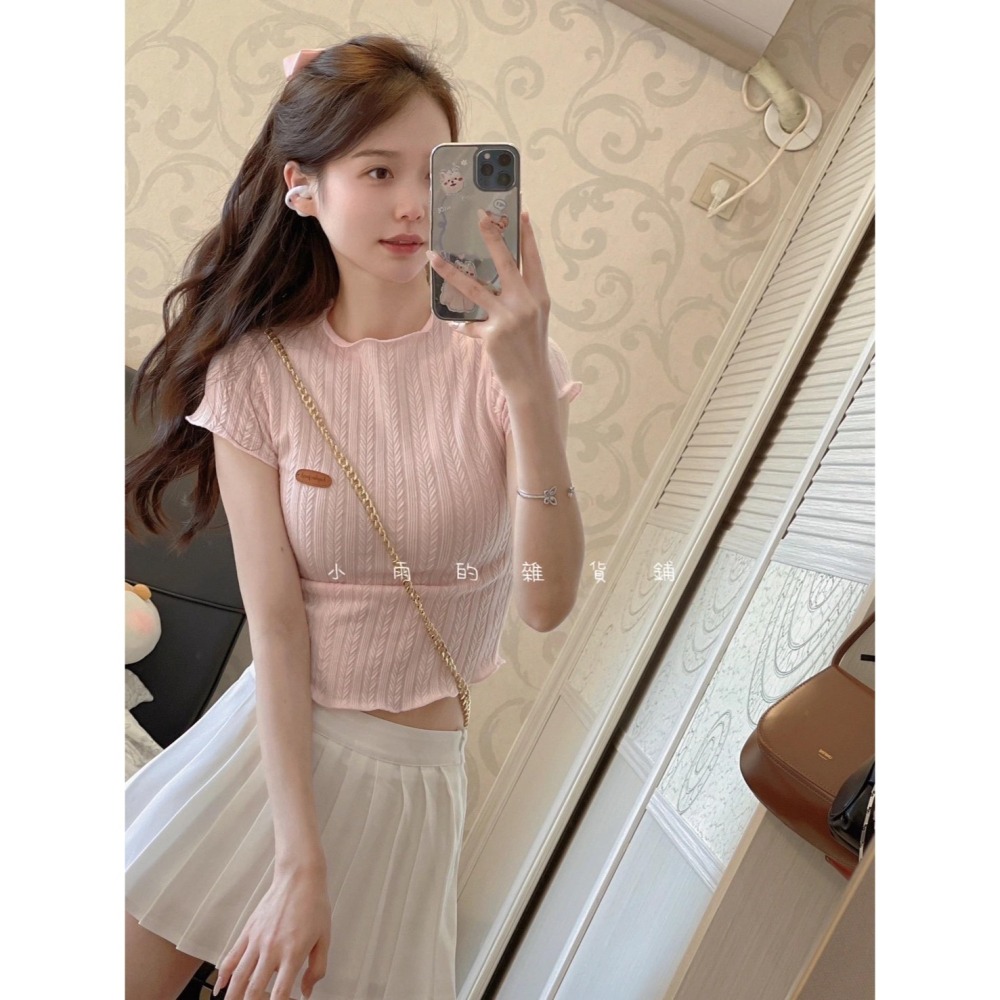 粉色圓領修身壓褶氣質短款上衣-細節圖2