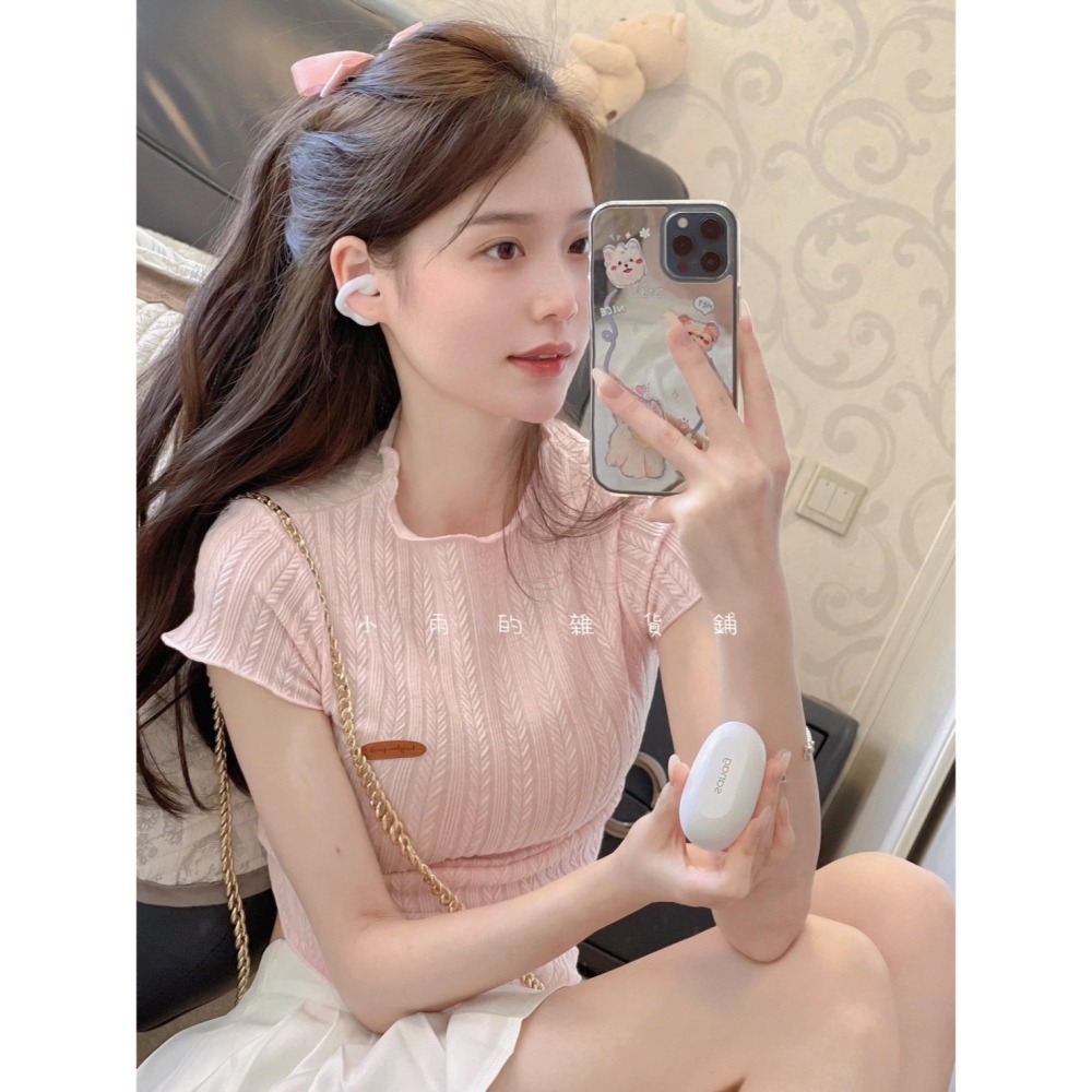 粉色圓領修身壓褶氣質短款上衣-細節圖3