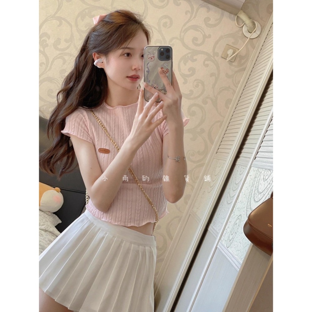 粉色圓領修身壓褶氣質短款上衣-細節圖4