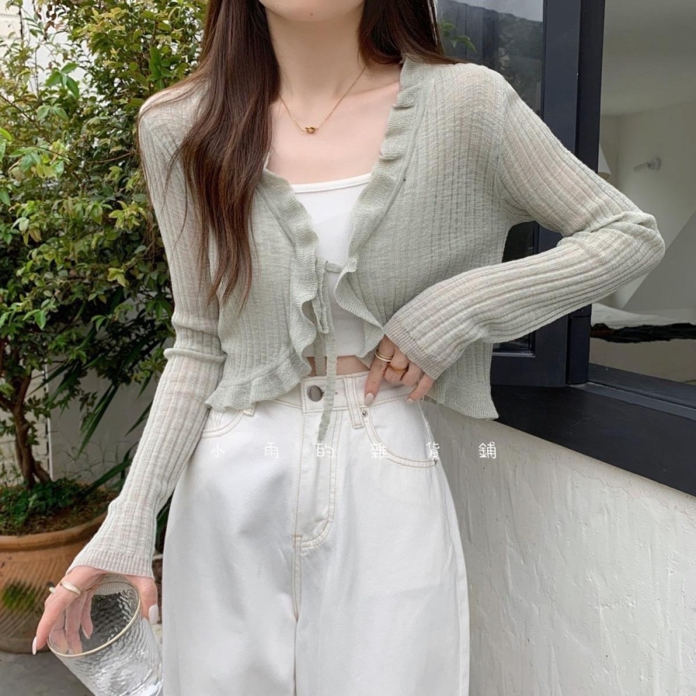 修身韓版甜美花邊綁帶防曬衫-細節圖2