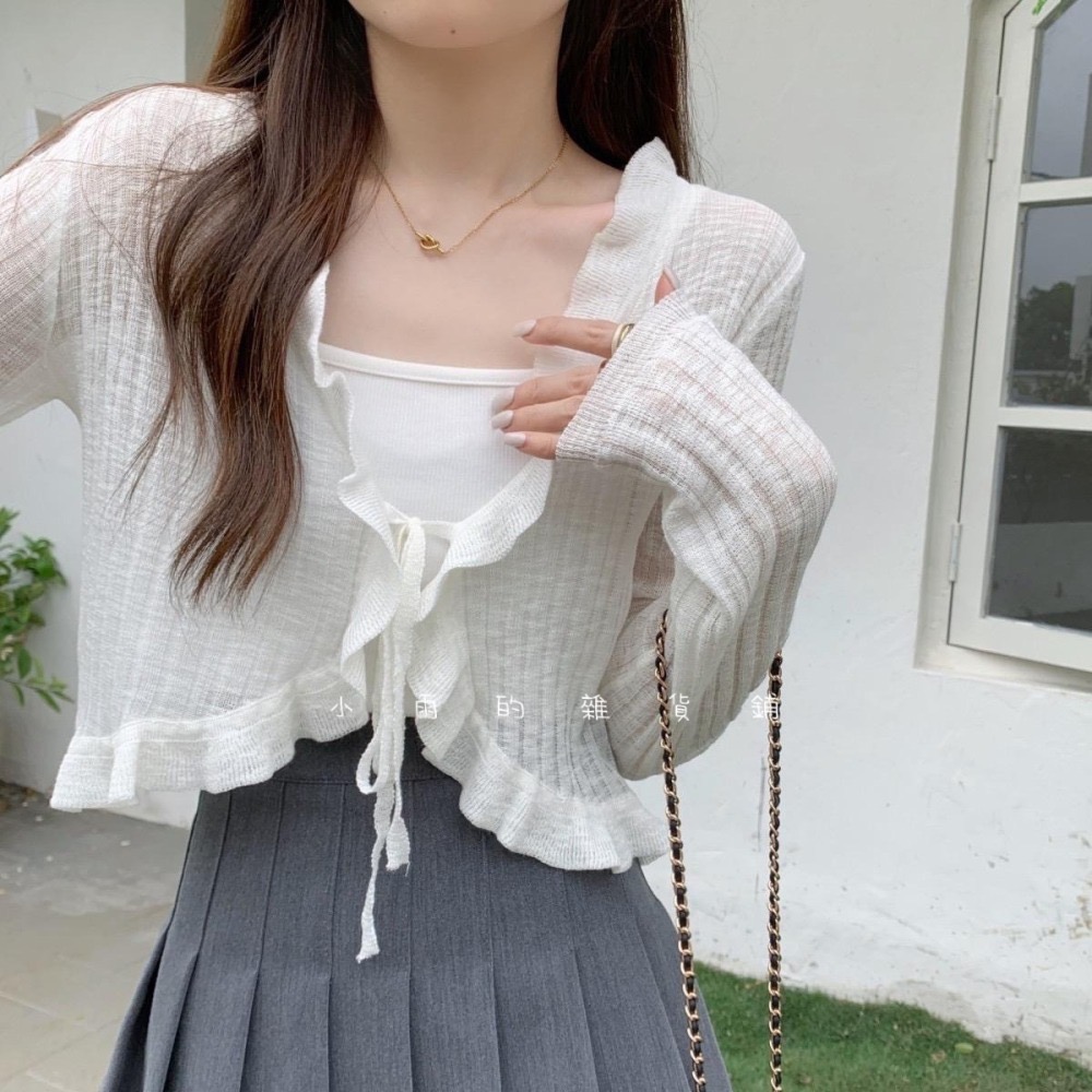 修身韓版甜美花邊綁帶防曬衫-細節圖3