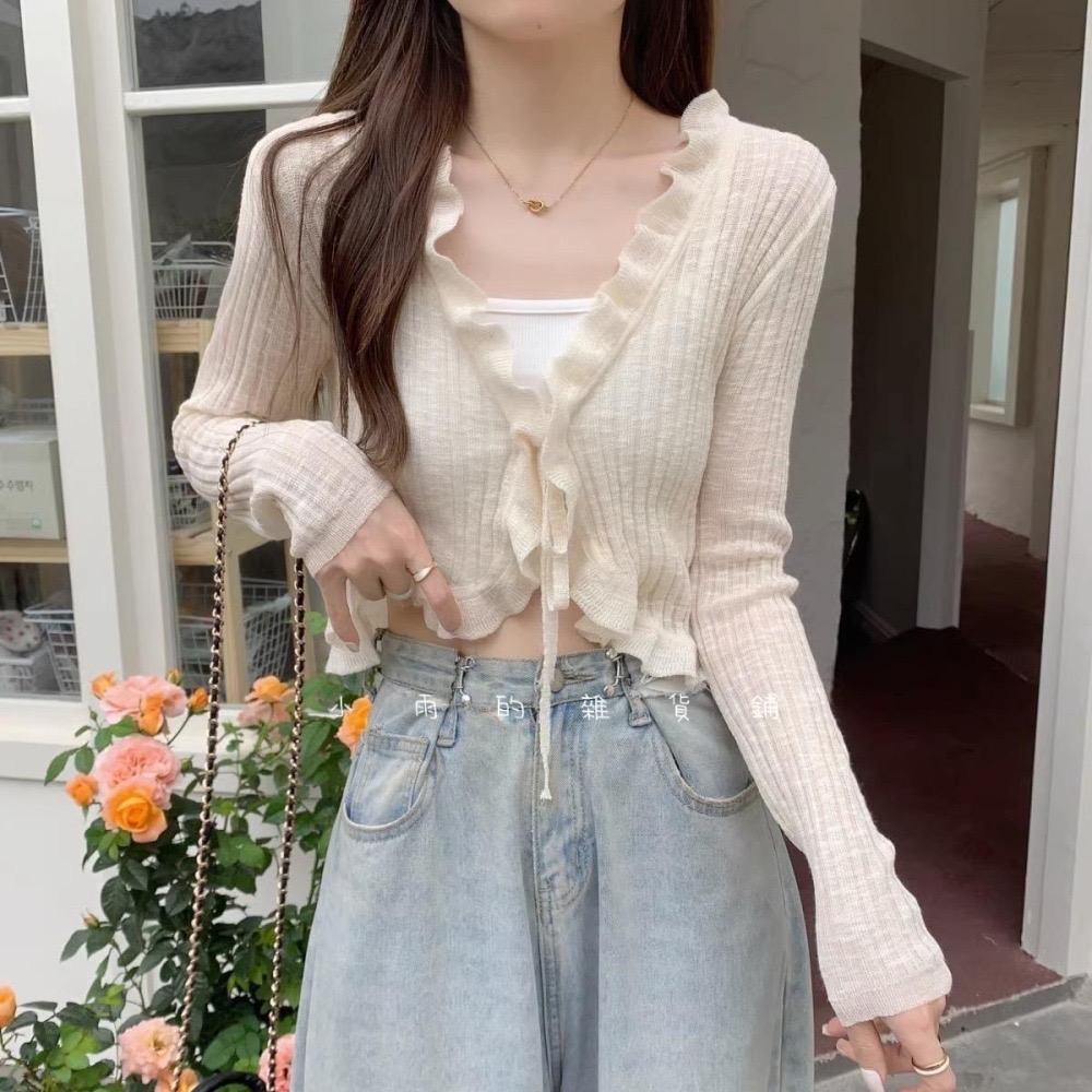 修身韓版甜美花邊綁帶防曬衫-細節圖4