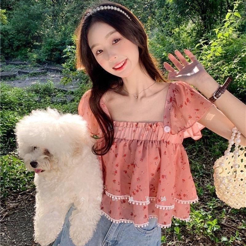 法式溫柔奶系短款方領碎花襯衫-細節圖2