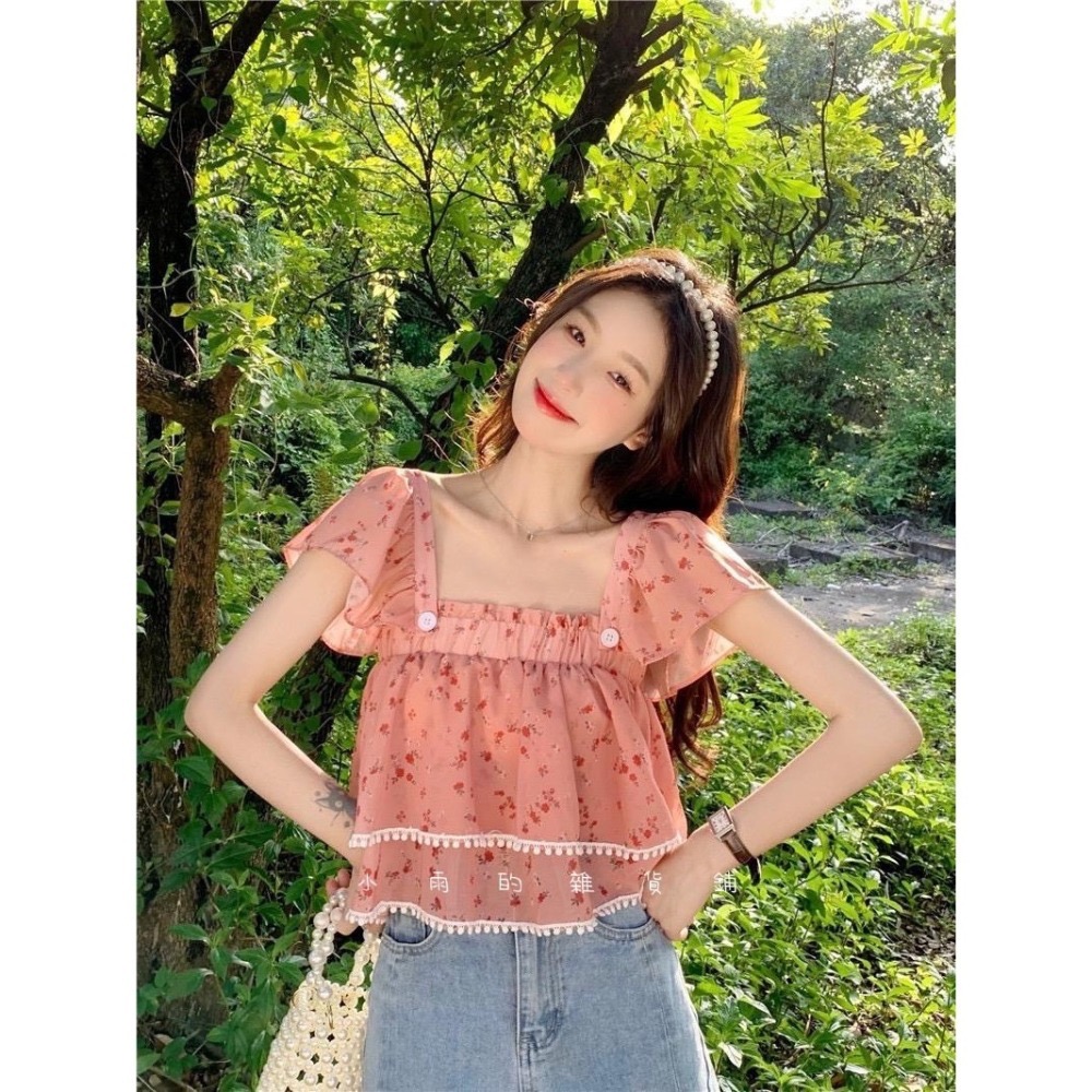 法式溫柔奶系短款方領碎花襯衫-細節圖3