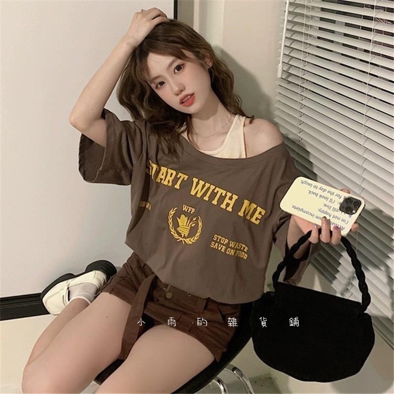 短款露肩假兩件寬松設計感小眾上衣-細節圖5