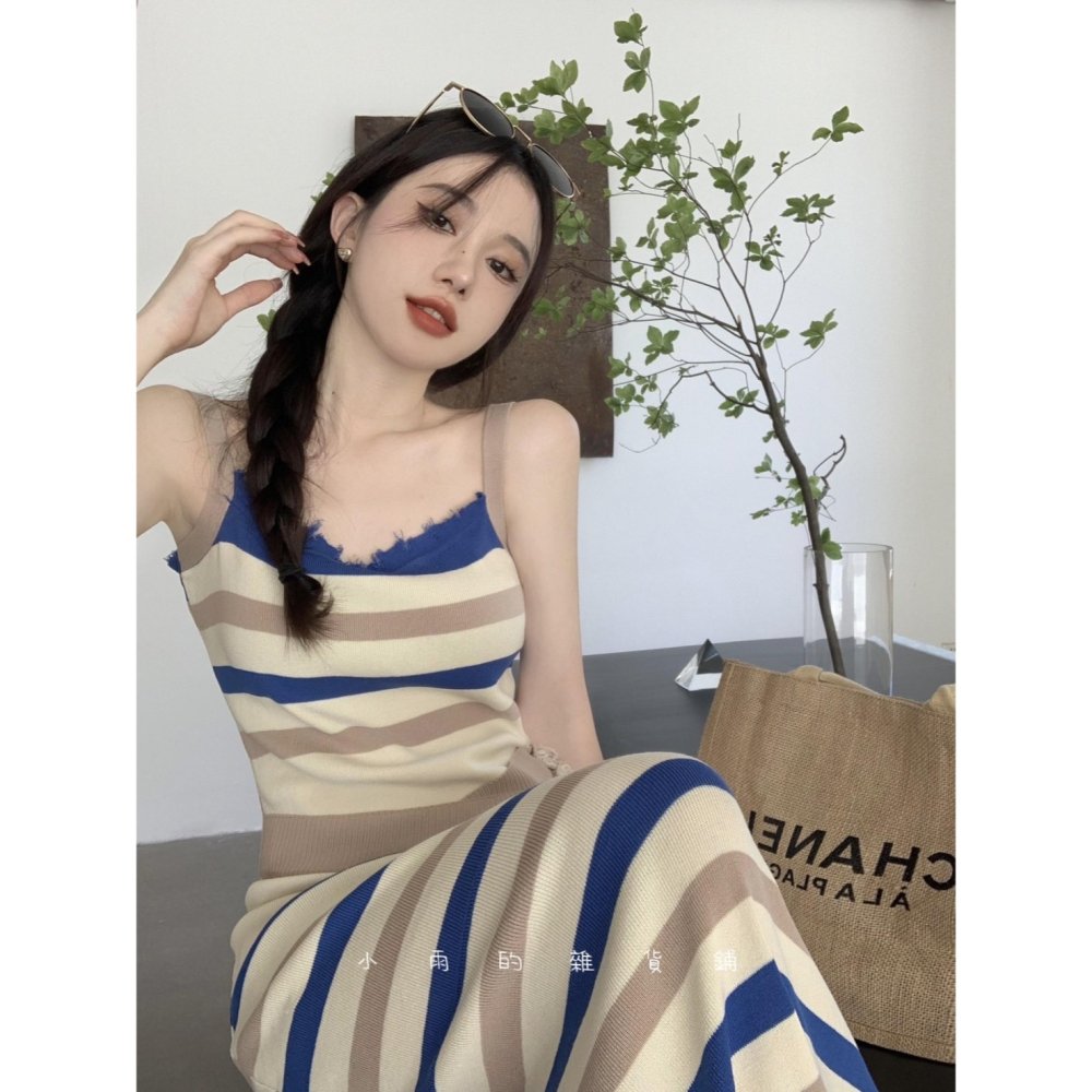辣妹條紋針織吊帶撞色開叉性感a字中長包臀裙子-細節圖2