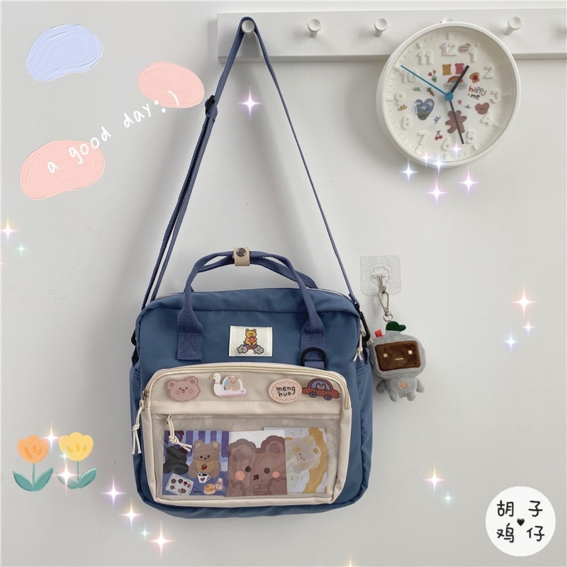 [現貨] 日系原宿學院風側背/肩背兩用包包 - 深藍色-細節圖4