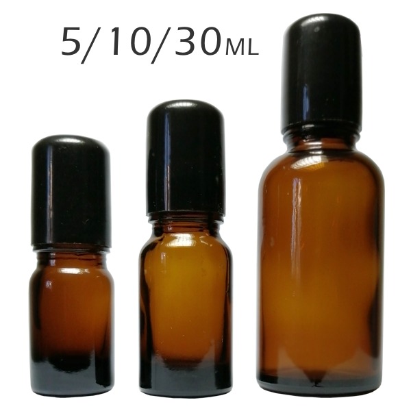 茶色玻璃滾珠空瓶。5-100ml。標準黑蓋+不鏽鋼滾珠頭。花草堂-細節圖2