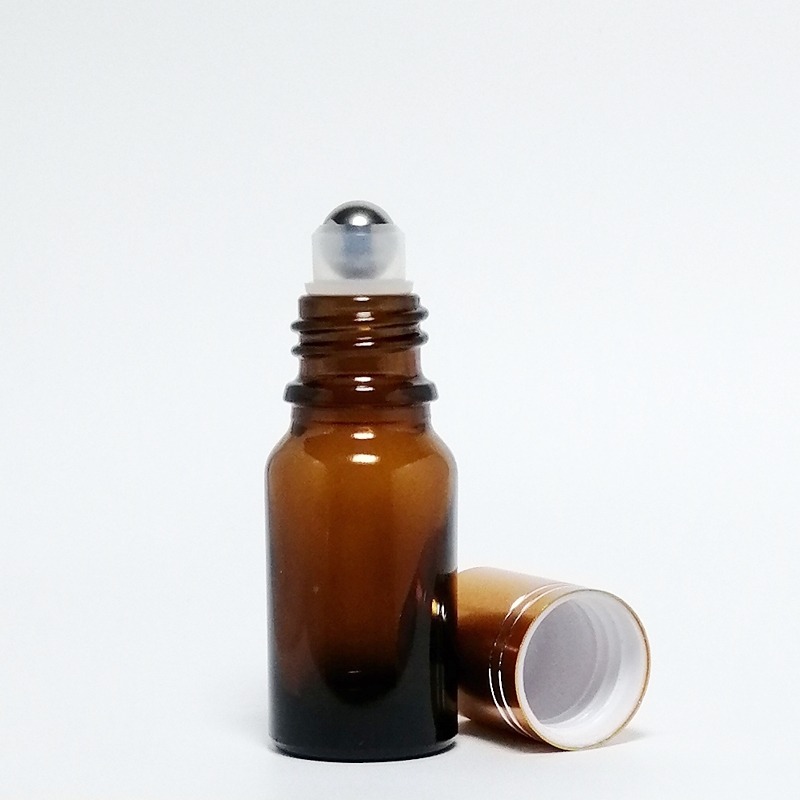 茶色玻璃滾珠空瓶。5-100ml。金色鋁蓋+不鏽鋼滾珠頭。花草堂-細節圖2