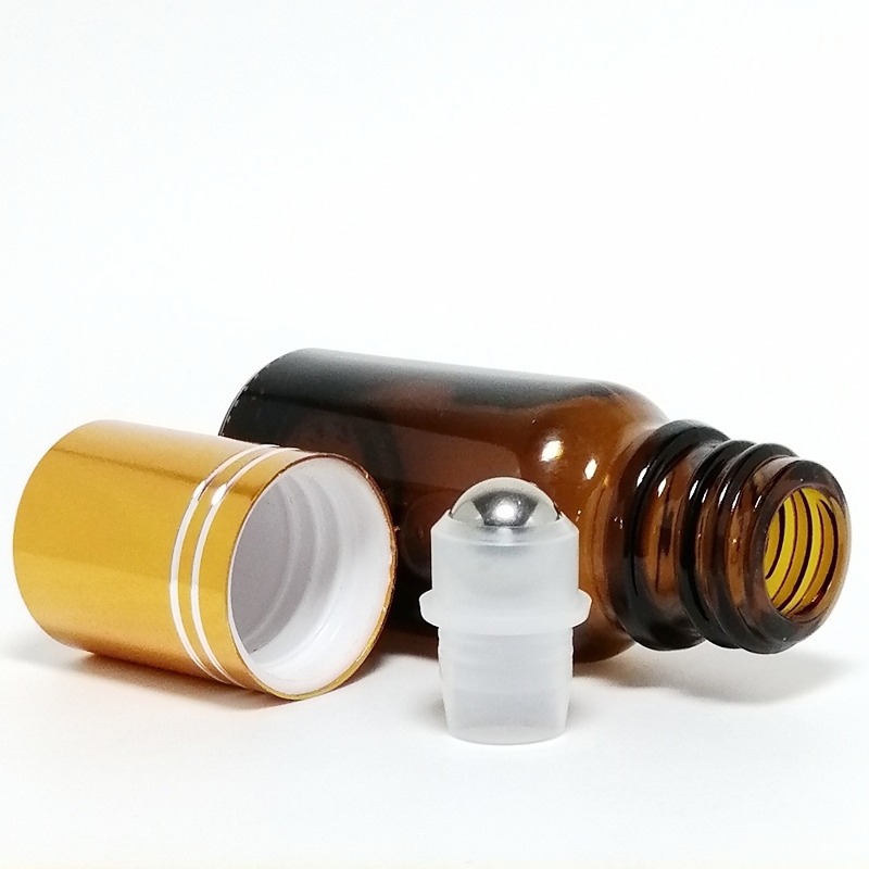 茶色玻璃滾珠空瓶。5-100ml。金色鋁蓋+不鏽鋼滾珠頭。花草堂-細節圖5