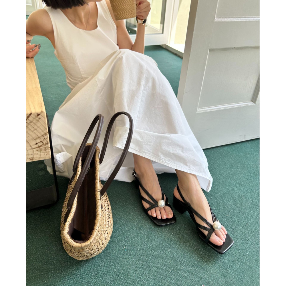 粗跟好穿超好搭配⧮861-1韓國新款珍珠方頭中跟涼鞋 舒適好穿 跟鞋 涼鞋 粗跟鞋 方頭綁帶涼鞋-細節圖6