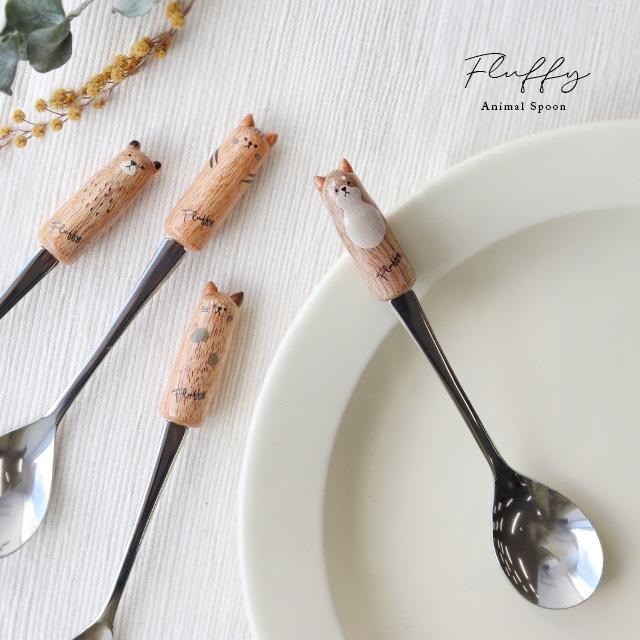 日本製 Fluffy 天然木動物造型木柄小湯匙 12.5cm 點心匙 咖啡 茶-細節圖2