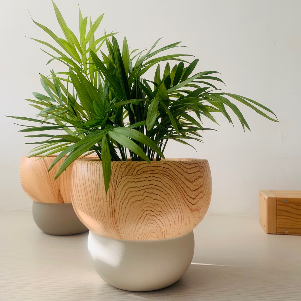 【4/5吋盆】蘑菇造型盆/木紋雙色盆/文青百搭盆/素燒盆/觀葉植物/多肉植物-細節圖2