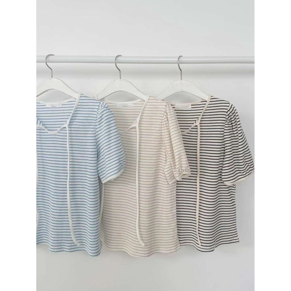 正韓泡泡袖綁帶條紋造型上衣-細節圖3