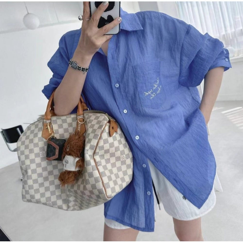 韓國女裝 Black Friday 黑五家手寫英文微皺感透透長袖襯衫-細節圖7