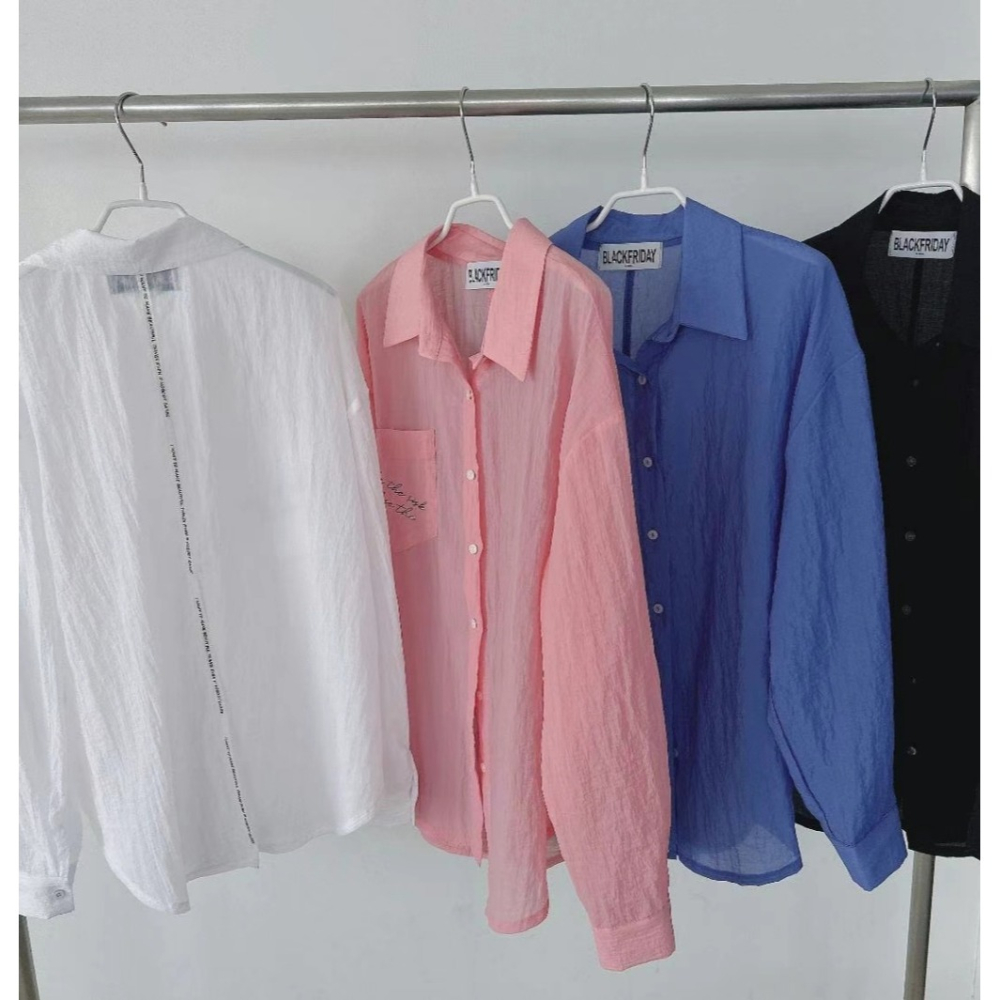 韓國女裝 Black Friday 黑五家手寫英文微皺感透透長袖襯衫-細節圖8