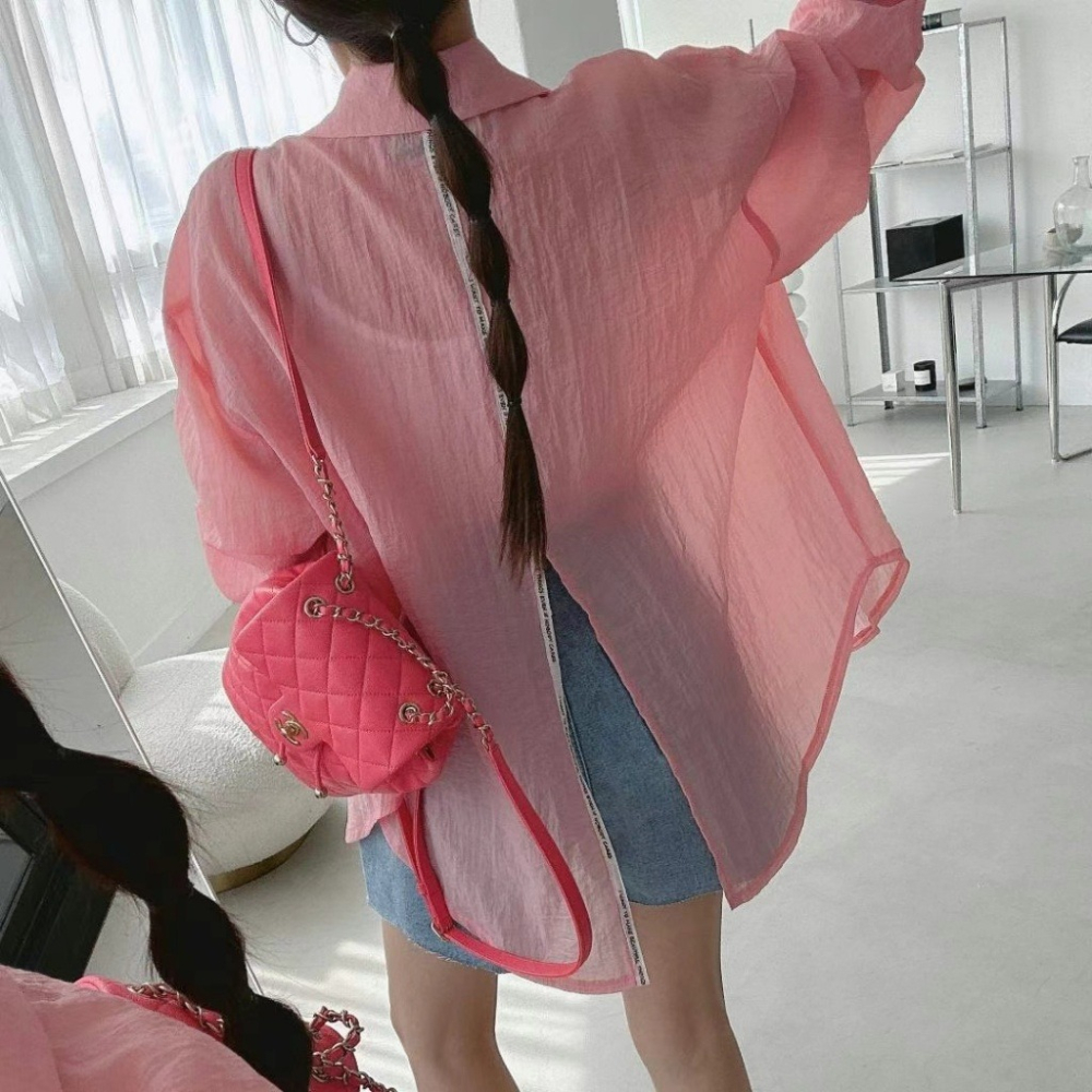 韓國女裝 Black Friday 黑五家手寫英文微皺感透透長袖襯衫-細節圖9